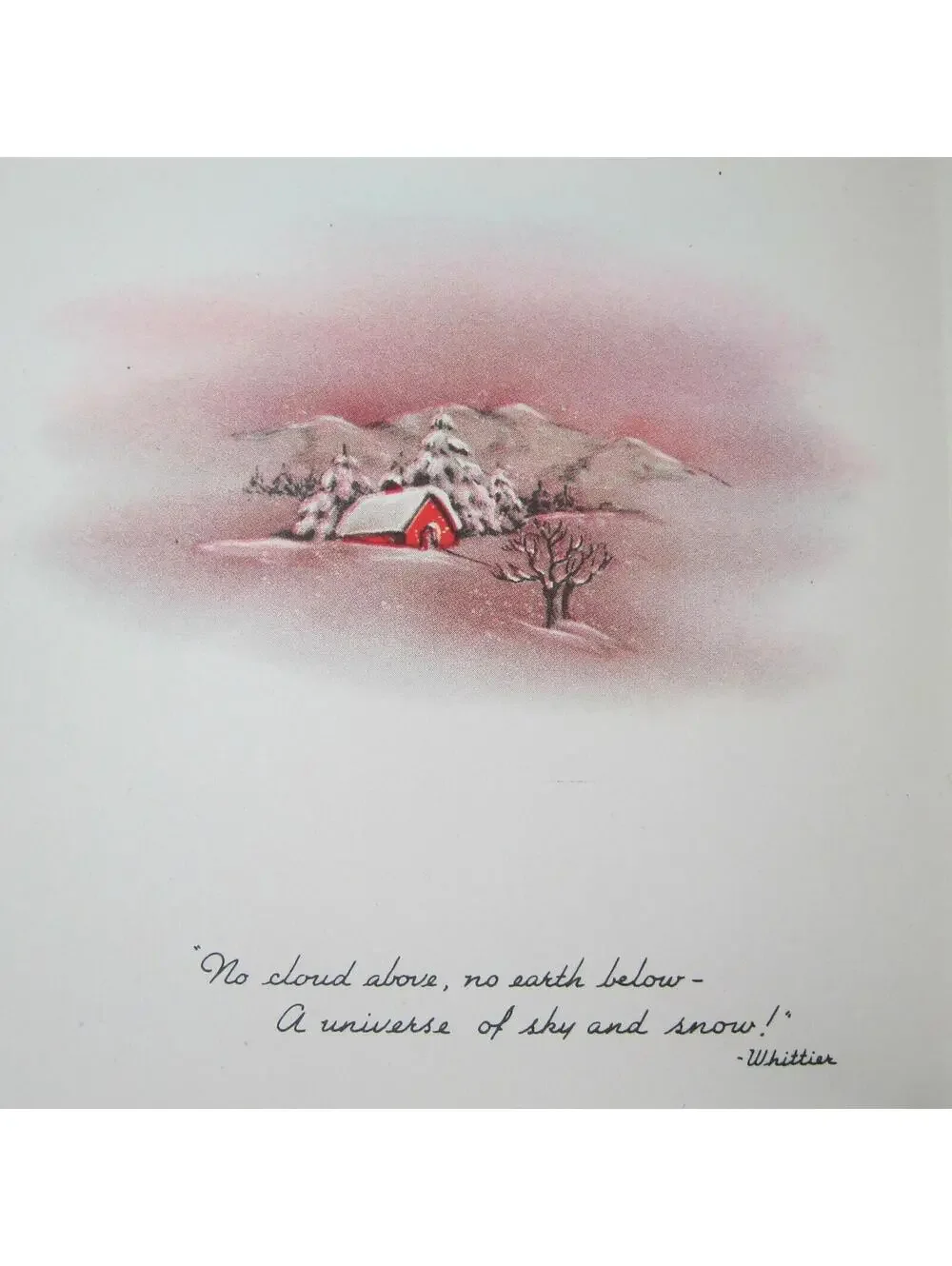 Vintage Christmas Card & Envelope Snow Cabin Stream John Greenleaf Whittier Poem